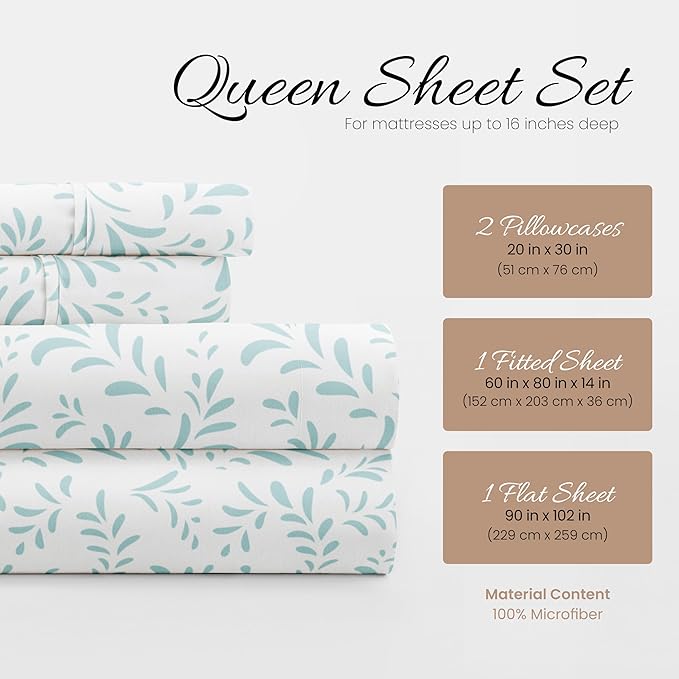Linen Market Double-Brushed Patterned Microfiber Queen Sheet Set 4 Piece – Oeko-TEX Certified Ultra Soft & Wrinkle-Free - 16" Deep Pocket Sheets - Easy Care Queen Size - Burst of Vines Light Blue