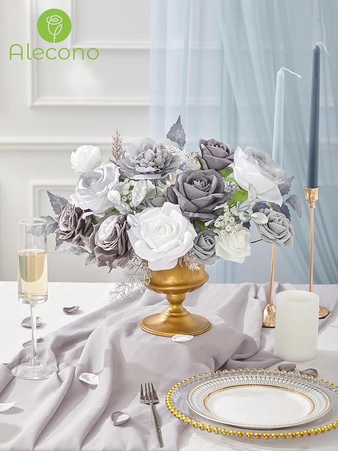 Alecono Artificial Flowers, Silver Silk Fake Flowers for DIY Wedding Cake, Grey Faux Flowers for Table Centerpieces Baby Shower Birthday Party Home Decorations