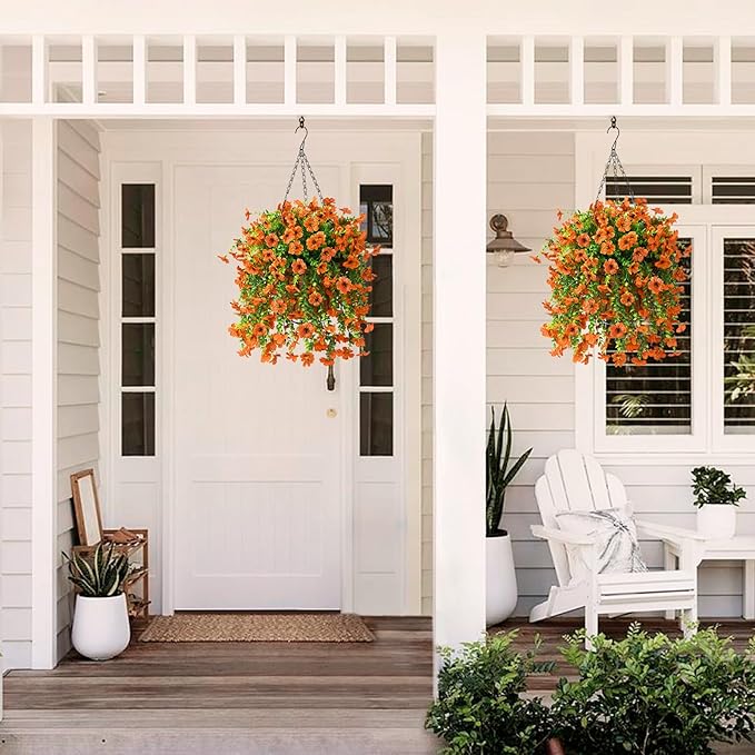 Artificial Hanging Flowers Plants for Outdoor Fall Decoration, 2PCS Faux Silk Daisy UV Resistant Look Real for Outside Home Indoor Planter Porch Window Yard Autumn Decor(Orange)