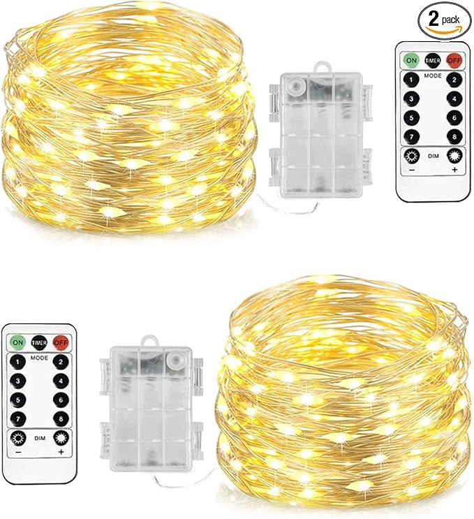 Homemory 2 Pack Each 20 Ft 60 LED Short Fairy Lights Battery Operated Christmas String Lights with Remote, Waterproof 8 Modes Firefly Twinkle Lights for Christmas Tree, Wreath Decor