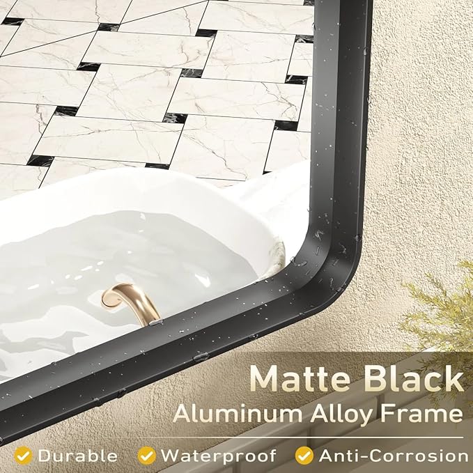28x36 Black Matte Bathroom Mirror, Rectangle Framed Vanity Mirror for Wall, Rounded Corner, Anti-Rust, Shatterproof (Horizontally/Vertically)