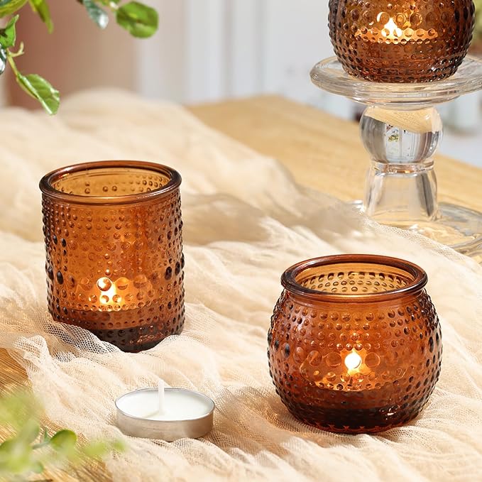 40 Pcs Assorted Amber Candle Holders Bulk- Amber Tealight Candle Holder for Fall Wedding Decor, Votive Candle Holders for Fall Home Decorations, Vintage Table Decor