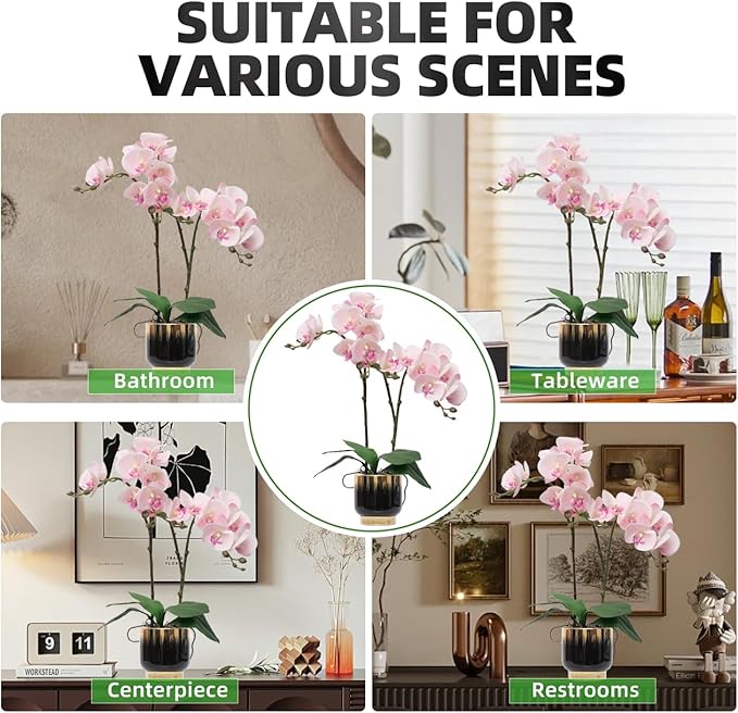 CXGS Orchids Artificial Flowers Real Touch Fake Flowers in Ceramic Pot 20" Pink Faux Orchid Plant Lifelike Silk Phalaenopsis for Centerpiece Hotel Home Indoor Decor