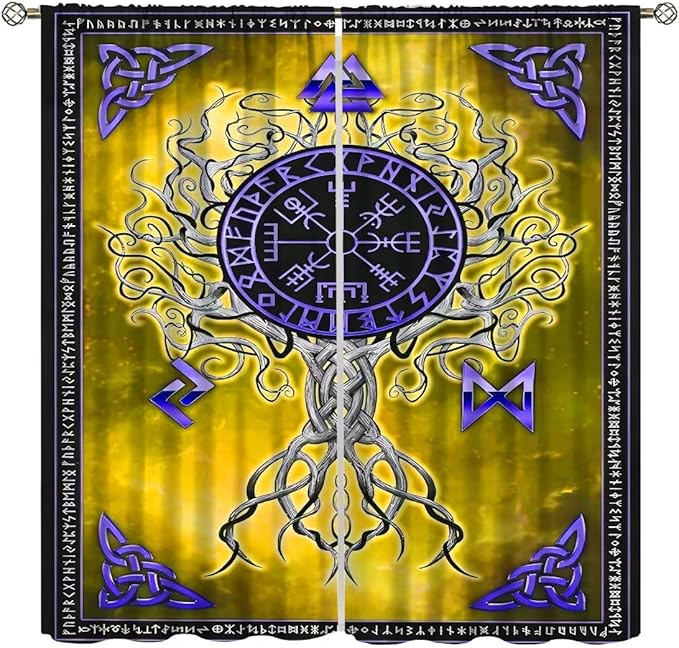 Viking Blackout Curtains Scandinavian Pirate Totem Mythology Golden Tree of Life Printed Curtain Bedroom and Living Room Decoration Blackout Curtains W42 * L54 Inch