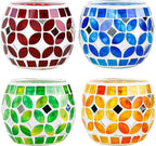 SHMILMH Mosaic Candle Holders Set of 4, Handmade Glass Tealight Votive Holders, Vibrant Red Yellow Blue Green for Diwali Christmas Wedding Party Decor, Year-Round Festive Centerpiece