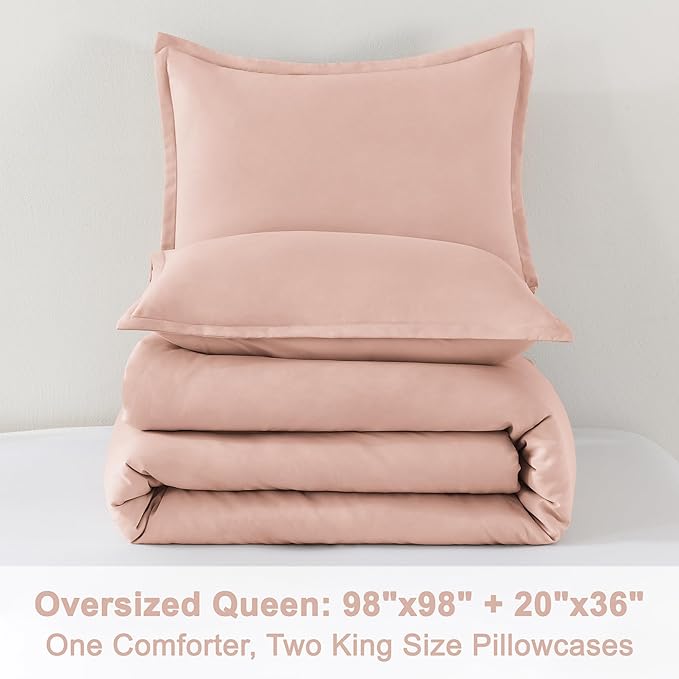 Litanika Comforters Blush Oversized Queen Size, 3 Pieces Lightweight Solid Bedding Set & Collections, All Season Fluffy Bed Set (98x98In Comforter & 2 Pillowcases)