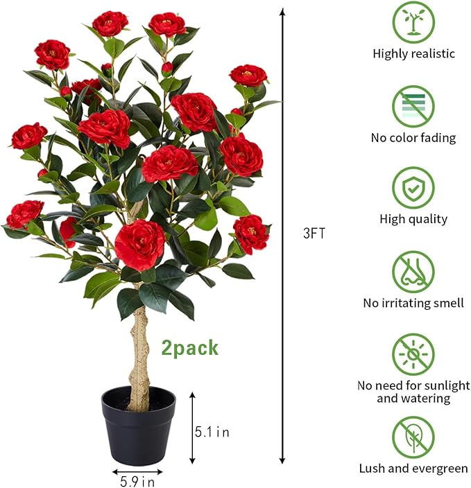 3FT Artificial Camellia Tree, 2 Pack Fake Camellia Tree Artificial Tree, Faux Floral Plants in Cement Pot, Greenery Potted Plant for Indoor Outdoor Home Office Porch Decor (Red)