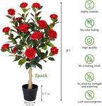 3FT Artificial Camellia Tree, 2 Pack Fake Camellia Tree Artificial Tree, Faux Floral Plants in Cement Pot, Greenery Potted Plant for Indoor Outdoor Home Office Porch Decor (Red)