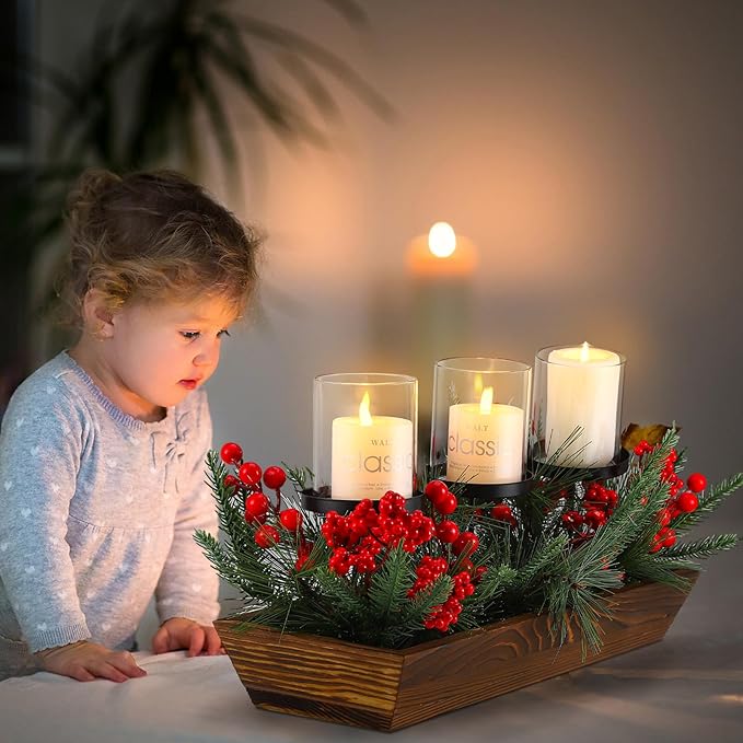 3 Pillar Christmas Table Centerpiece Christmas Candle Holder Artificial Red Berries Pine Cones with Steal Base Frosted Berry Arrangement for Home Decor
