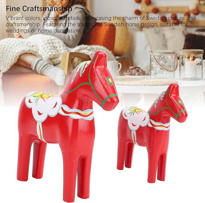 EVGATSAUTO Swedish Wooden Horse Figurine Pair, Hand Painted Nordic Decor, Traditional Red Dala Horse for Home Wedding Gift, Composite Wood Ornament