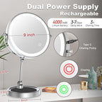 9" Large Height Adjustable Makeup Mirror With Magnification 10X/1X, 4000mAh Rechargeable Led Magnifying Vanity Mirror with Lights, Folding Boom & 360°Swivel 2-Sided Travel Cosmetic Mirror - Chrome