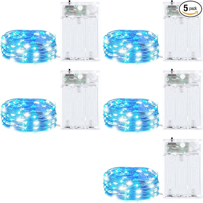 5 Pack Fairy Lights Battery Operated, 7 Feet 20 Led String Lights with Timer, Waterproof Firefly Lights on Silver Wire for Home Party Wedding Christmas Decorations, 6 Hours on/18 Hours Off, Blue White