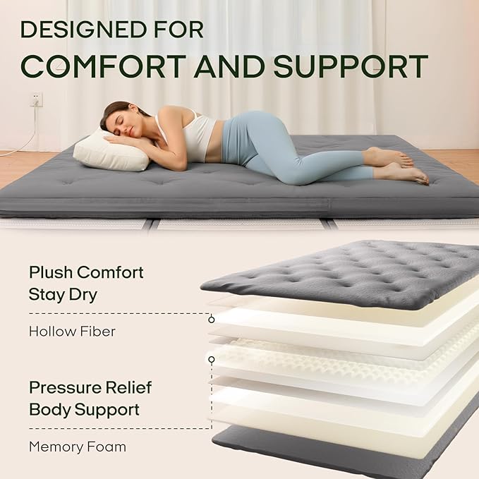 ZonLi Japanese Floor Futon Mattress Queen Size 80"x 60", 100% Cotton Cover 2.5'' Thicken Tatami Mattress, Foldable Sleeping Pad, Portable Dormitory Tatami Mat(Grey)