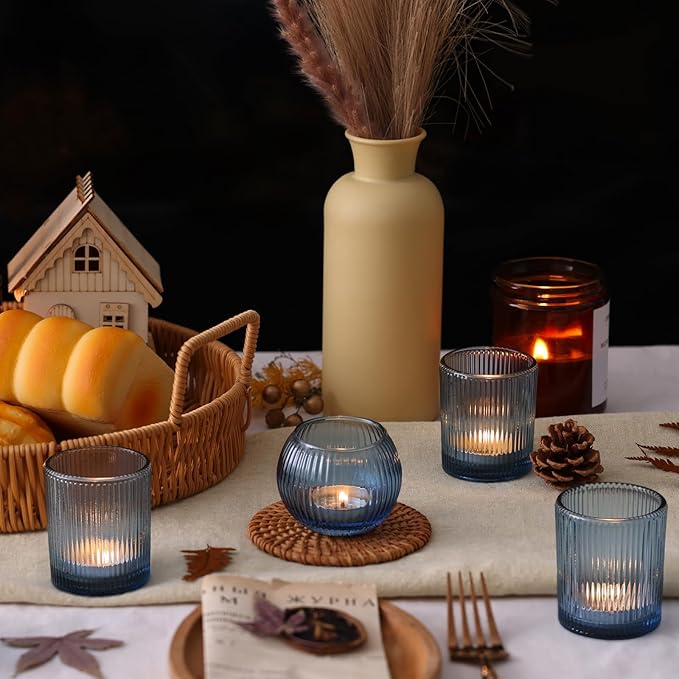 30pcs Assorted Ribbed Blue Votive Candle Holders, Blue Candle Holders for Wedding Table Centerpiece, Tea Light Candle Holder for Bridal Shower, Propose Party, Brithday and Holiday Decorations