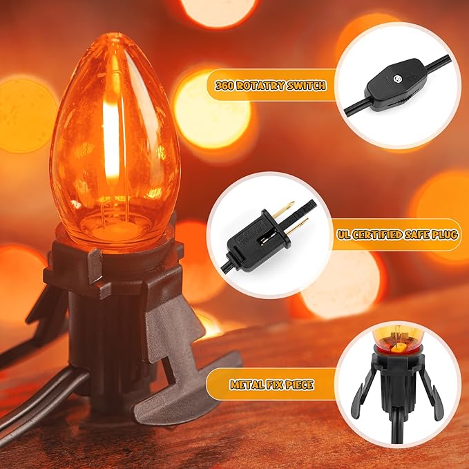 Accessory Cord with One LED Light Bulb - 6ft Cord with On/Off Switch for Halloween Pumpkin, DIY Craft Projects, Paper Lantern Halloween Decoration, Village House, Holiday Ceramic Trees, 2 Pack, Orange