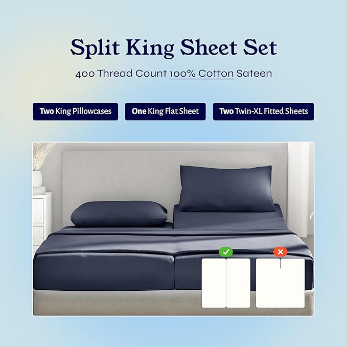 California Design Den Split King Sheets Sets for Adjustable Bed - Soft 400 Thread Count Sateen, Natural 100% Cotton Sheets, Deep Pockets, Breathable, Cooling and Durable Bedding - Indigo Dusty Blue