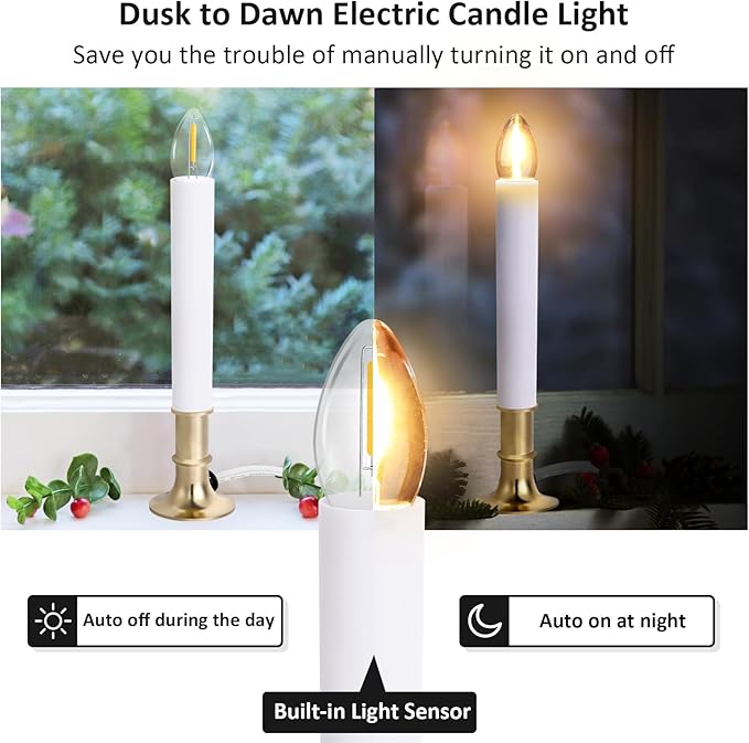 8-Pack Dusk to Dawn Electric Christmas Window Candle Lights with Shatterproof Plastic LED Bulbs, Plug-in Corded Window Candle Lamps, Auto On/Off Light Sensor, 8 Suction Cups Included, Warm White