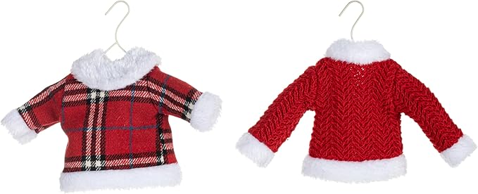 DEMDACO Cozy Time Red, White, Plaid 5 x 7 Inch Knit Polyester Christmas Tree Decoration, Festive Holiday Décor Hanging Ornaments, Set of 2, Winter Coats On Hanger