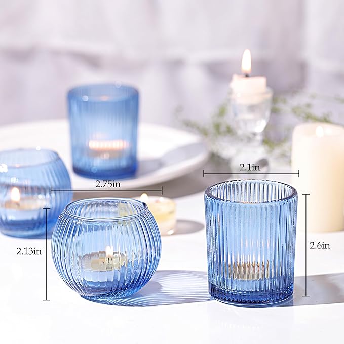 30pcs Assorted Ribbed Blue Votive Candle Holders, Blue Candle Holders for Wedding Table Centerpiece, Tea Light Candle Holder for Bridal Shower, Propose Party, Brithday and Holiday Decorations