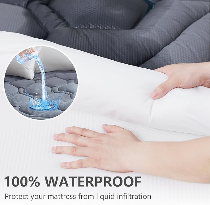 Twin Size Mattress Pad Waterproof, Pillow Top Cooling Twin Mattress Topper for Single Bed, Pee Proof Mattress Protector Cover Quilted Fitted with 8-21" Deep Pocket (39x75 inch, Grey)