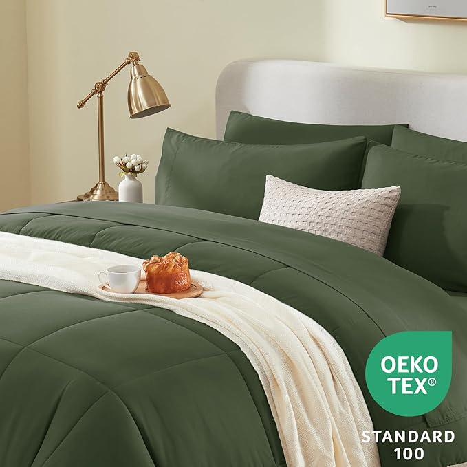 CozyLux Queen Comforter Set Olive Green, 7 Pieces Bed in a Bag, Green Comforter Queen Size, All Season Bedding Sets with Stitch Quilted Comforter, Flat Sheet, Fitted Sheet, Pillowcases