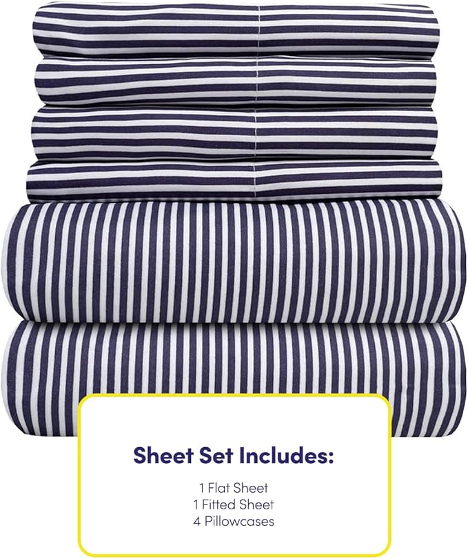King Size Bed Sheets - 6 Piece 1500 Supreme Collection Fine Brushed Microfiber Deep Pocket King Sheet Set Bedding - 2 Extra Pillow Cases, Great Value, King, Classic Stripe Navy