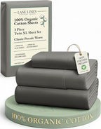 LANE LINEN 100% Organic Cotton Twin XL Sheets Set, Hotel Like Crisp Percale Low Pill Fade Resistant Reinforsed Seam Cotton Sheets, Perfect for Hospital Bed & Dorm Room Extra Long Twin- Charcoal