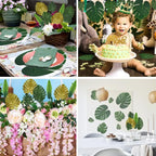 RECUTMS Artificial Tropical Palm Leaves 72Pcs 7 Kinds Green Gold Fake Monstera Leaf with Stem for Safari Jungle Hawaiian Luau Beach Baby Shower Wedding Birthday Party Table Summer Spring Decoration