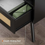 SUPERJARE Nightstand with Charging Station & Rattan-Like Decor Drawer, Rattan End Table with Solid Wood Feet, Bed Side Table with Open Storage, for Bedroom, Living Room, Dormitory - Black