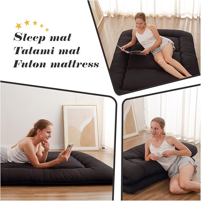 Japanese Floor Mattress, Futon Mattress with Portable Storage Bag and Washable Cover, Roll Up Thick Tatami Mat Suitable for Camping, Guest Room, Black, Twin