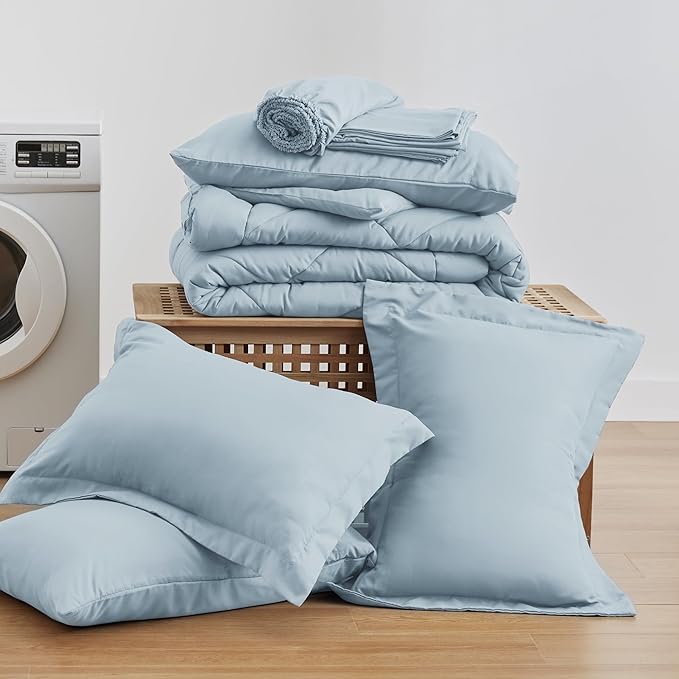 Love's cabin Full Comforter Set Light Blue, 7 Pieces Full Bed in a Bag, All Season Bedding Sets with 1 Comforter, 1 Flat Sheet, 1 Fitted Sheet, 2 Pillowcase and 2 Pillow Sham