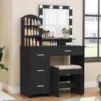 Quimoo Makeup Vanity with 10 Light Bulbs and Charging Station, Vanity Desk with Lighted Mirror & 4 Drawers, Vanity Table Set with Cushioned Stool,Black