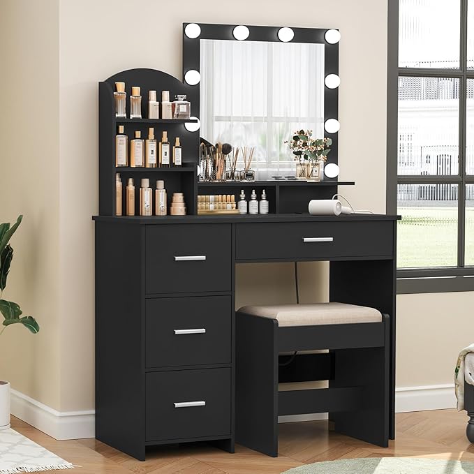 Quimoo Makeup Vanity with 10 Light Bulbs and Charging Station, Vanity Desk with Lighted Mirror & 4 Drawers, Vanity Table Set with Cushioned Stool,Black