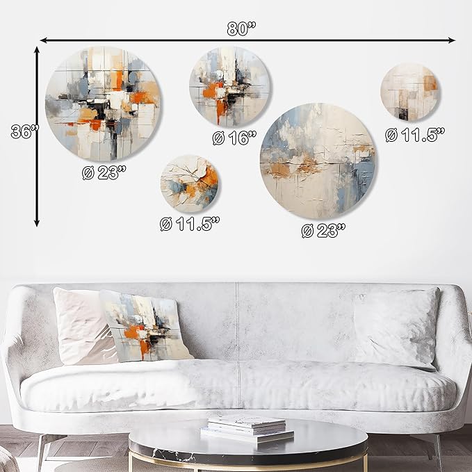 DesignQ Traditional Metal Wall Art Decor Set -Beige Metal Wall Decor Set For Room -Art Inspired By Modern Scandinavian Dreams In Beige And Yellow Set Of 5 round metal - 80" x 36" - 5 metal wall Panels