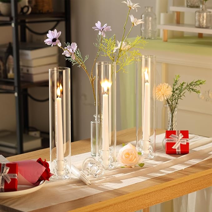 36 Set Christmas Glass Hurricane Candle Holders 12.6" Open Ended Glass Candleholder Tube Shape Bottomless and 2.2" Taper Clear Candlestick Holders for Wedding Party Table Centerpiece (Clear)