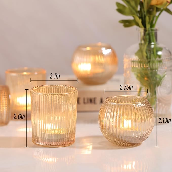 30pcs Assorted Ribbed Gold Votive Candle Holders, Gold Candle Holders for Wedding Table Centerpiece, Tea Light Candle Holder for Bridal Shower, Halloween, Christmas, Brithday and Holiday Decorations