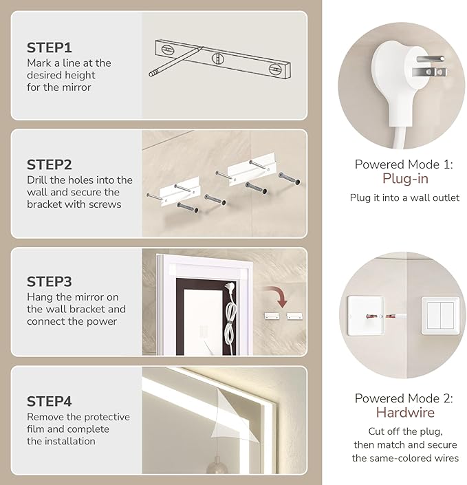 USHOWER LED Bathroom Mirror 40x32 Inch with Lights - Frameless Tempered Glass LED Backlit Lighted Mirror for Bathroom Vanity with Anti-Fog, 3 Colors Dimmable, Memory Function, Wall-Mounted
