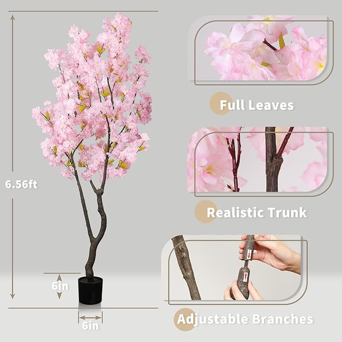 6.56ft Tall Pink Artificial Cherry Blossom Tree Decor, Fake Silk Flower Plant Indoor, Sakura Tree Realistic Faux Cherry Tree for Home Living Room Front Door Office
