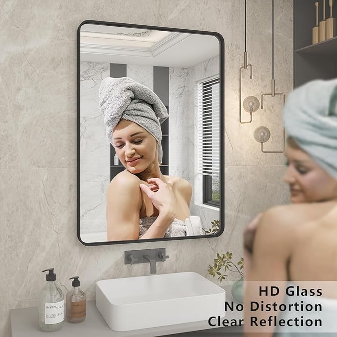24x30 Inch Black Metal Framed Bathrrom Mirror for Wall, Matte Black Rectabgle Mirror, Rounded Corner, Anti-Rust (Horizontal/Vertical)