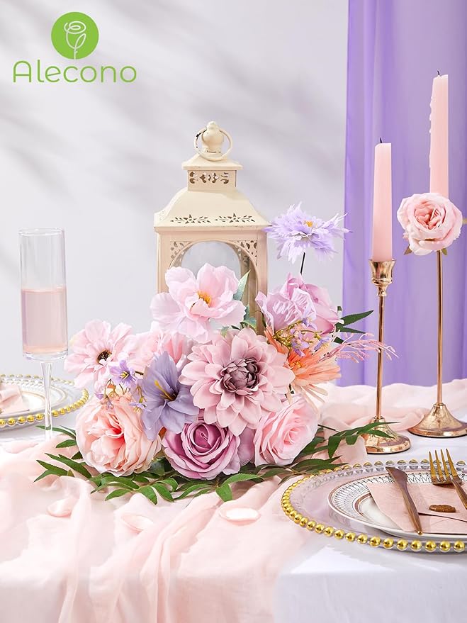 Alecono Artificial Flowers, Pink Purple Fake Flowers with Stems for DIY Wedding Bridal Bouquets, Cake Floral Arrangement Home Decor Indoor Outdoor