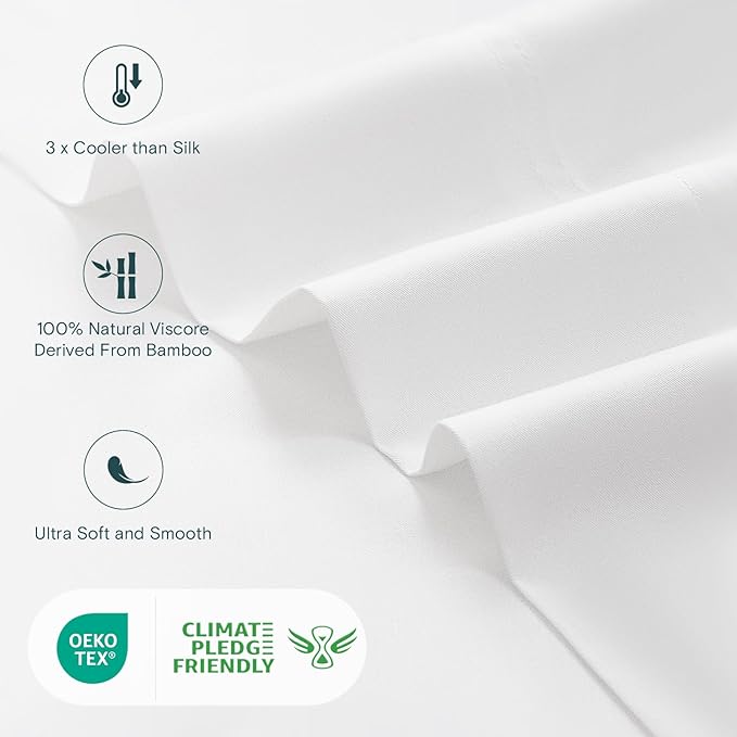 LuxClub Full Size Bed Sheets, 100% Rayon Derived from Bamboo Cooling Sheets, Breathable & Soft Deep Pocket Up to 16", Hotel Luxury Silky Sheets Full Size Set, White
