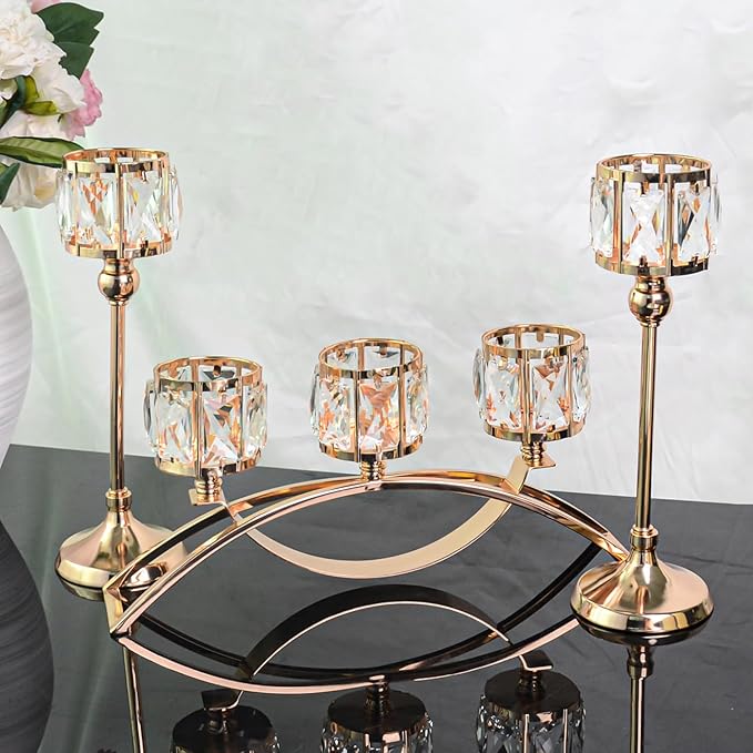 3 Arms Crystal Candle Holders, Arch Candlestick Table Candelabras Centerpieces for Wedding, Dinning Room, Cabinet Ornaments, Home Decoration, Gift (3-arm Arched Set, Gold)