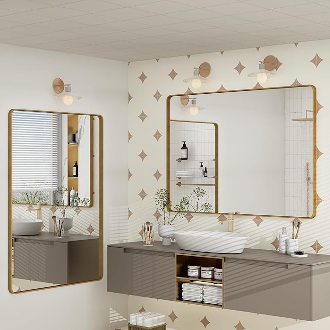 48x30 Inch Gold Bathroom Mirror for Wall, Brushed Brass Metal Framed Gold Vanity Mirror, Rounded Rectangle Golden Mirror, Shatterproof, Anti-Rust (Horizontal/Vertical)