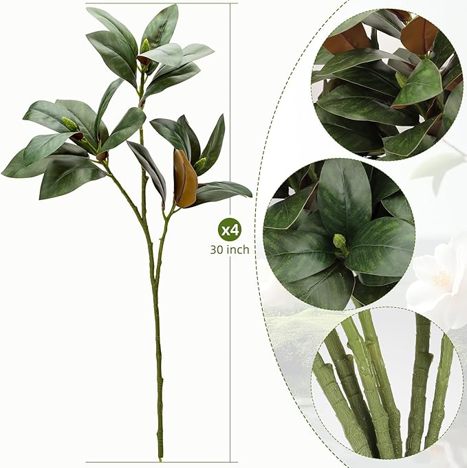 4 Pcs Artificial Magnolia Leaves Branches 30 Inch Each with 3 Branches with Magnolia Fruit Faux Stems for Indoor Outdoor Home Wedding Floral Arrangement Decoration