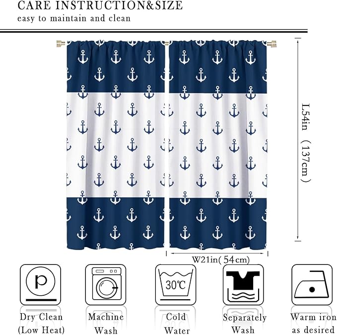 Anchor Pattern Curtains, Nautical Theme Navy Blue White Anchor Sea Life Adventure Print Blackout Window Treatments for Living Room Boys Men's Bedroom 42x54 Inch