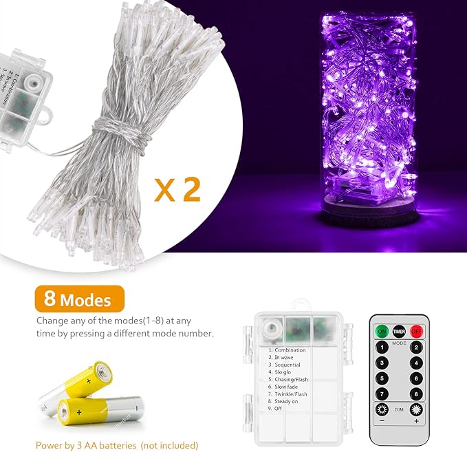 Battery Operated String Lights with Remote Timer - Waterproof, 8 Modes, Purple (16.4ft) for Bedroom, Garden, Party, Xmas Tree, Indoor/Outdoor Decorations