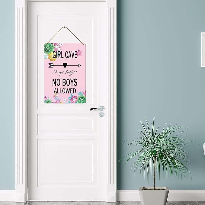 Wood Girl Cave Sign, 8x12 Inch, No Boys Allowed for Girl Bedroom Decor