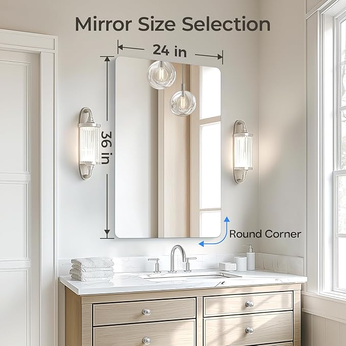 USHOWER 2-Pack Frameless Bathroom Mirrors for Over Sink, 24x36 Inch Rectangular Bathroom Mirrors with Rounded Corner, Shatterproof Mirror for Vanity, Bedroom, Entryway Upgraded & Remodel