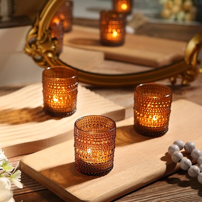 48pcs Amber Votive Candle Holders Votive Candles for Table, 2x2.5in Vintage Glass Small Tea Light Candles Holders for Candle Making Holder, Tealight Candle Holder for Wedding Centerpieces