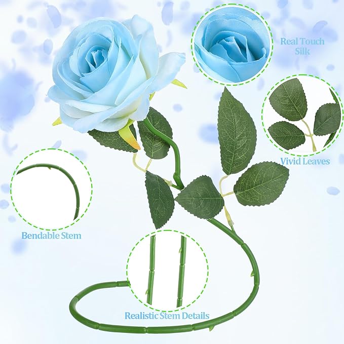 32 Pcs Ice Blue Artificial Roses Fake Flowers, Silk Flowers with Stems for DIY Wedding Bridal Shower Centerpieces Arrangements Tables Decorations